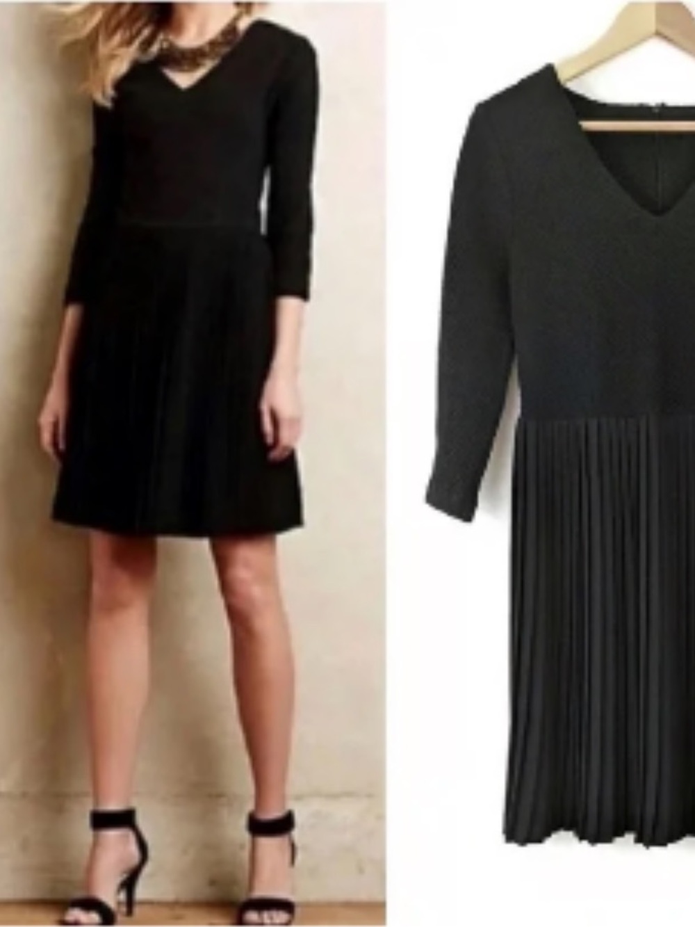 Ganni Black V-Neck Long Sleeve Pleated Dress